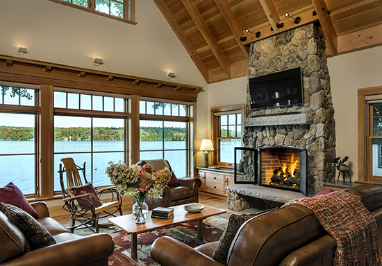 Enjoy your guests around this fire in a TMS-designed Maine cottage. Source: Karosis Photography