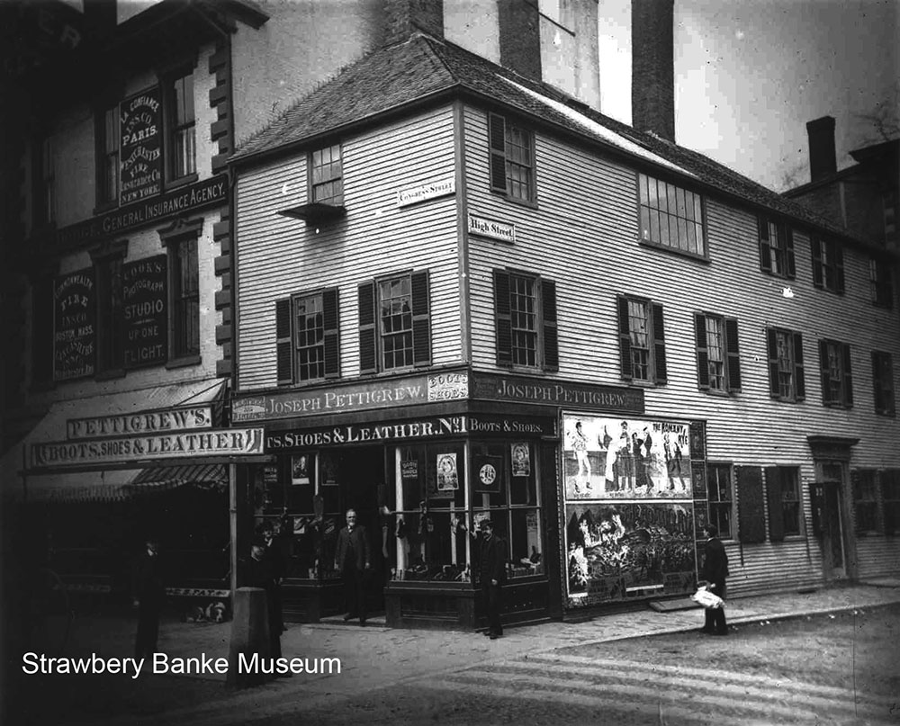 Lafayette Newell's studio formerly at the corner of Fleet and Congress streets in Portsmouth showing the large windows for lighting on the second floor. (Strawbery Banke Museum Collection)